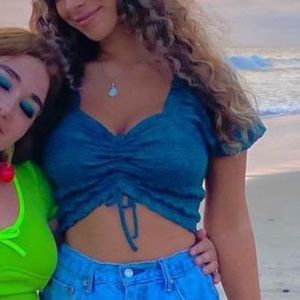 Dark blue green cropped drawstring glittery Urban Outfitters top great condition